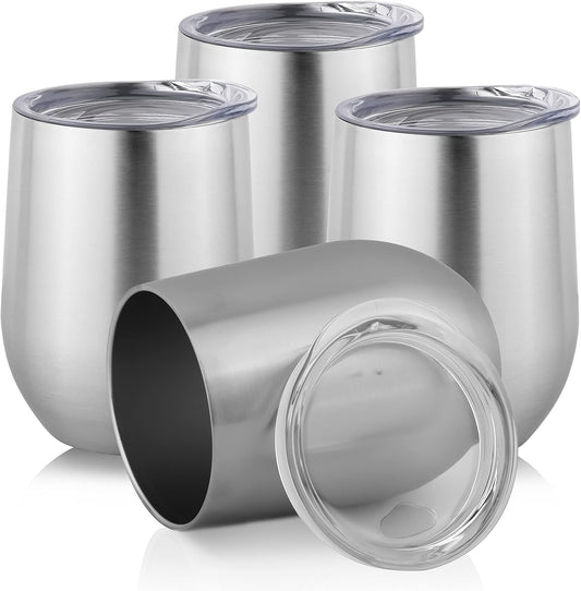 DOMICARE Stainless Steel Wine Tumbler Bulk with Lid, Personalized Insulated Tumblers Set, 12oz Travel Coffee Cups Pack of 4,
