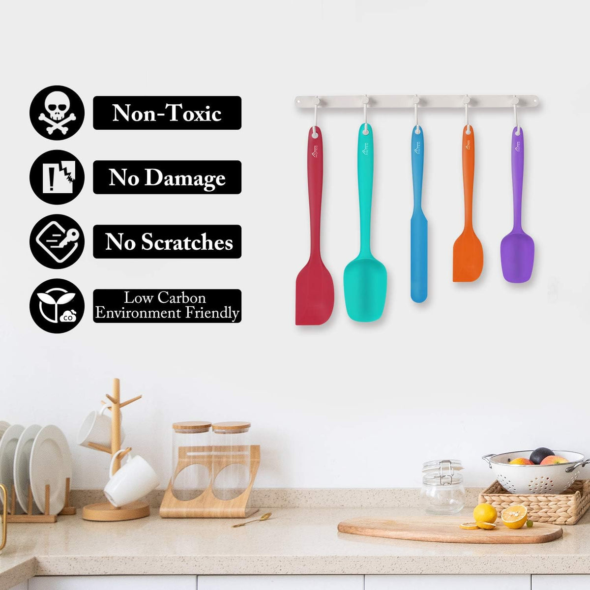 HOTEC 600℉ Heat Resistant Silicone Rubber Spatula Set,Multicolor, Set of 5