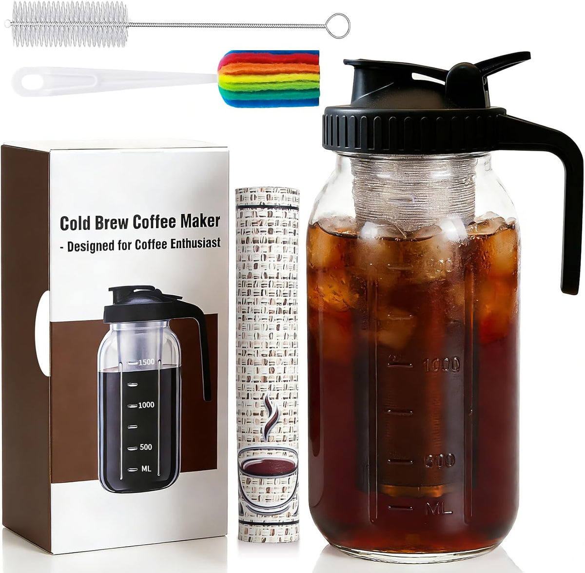 Cold Brew Coffee Maker, 64oz Glass Mason Jar Pitcher with Lid, Filter &amp; Mat