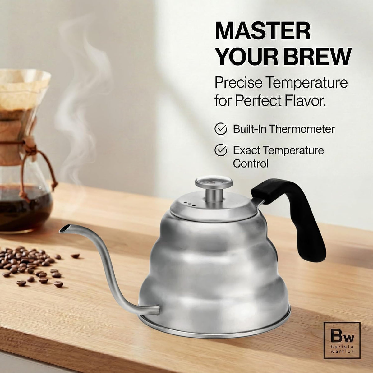 Barista Warrior Gooseneck Kettle with Thermometer - 1L Pour Over Coffee &amp; Tea Kettle, 18/8 Stainless Steel Gooseneck Kettle Pot, Precision Pour Drip Spout, Suitable for All-Stoves (34 fl oz)