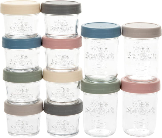 WeeSprout Glass Baby Food Storage Jars w/ Lids (4/8 oz, 12 Pack Set) Snack, Reusable Small Containers, Breast Milk, Fridge,