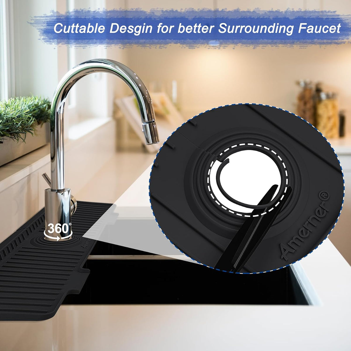 Kitchen Sink Splash Guard, 20 inch Silicone Faucet Guard &amp; Draining Mat, 10° Large Slope Sink Faucet Mat Splash Guard, Bathroom Sink Organizer, Kitchen Sink Accessories Gadgets, 20 x 5.5”, Black