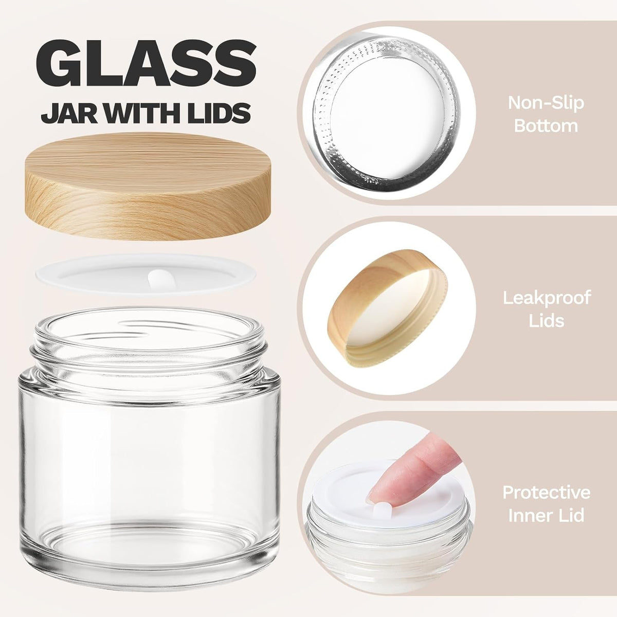 Bumobum 48 Pack 2 oz Small Glass Jars with Plastic Woodgrain Lids