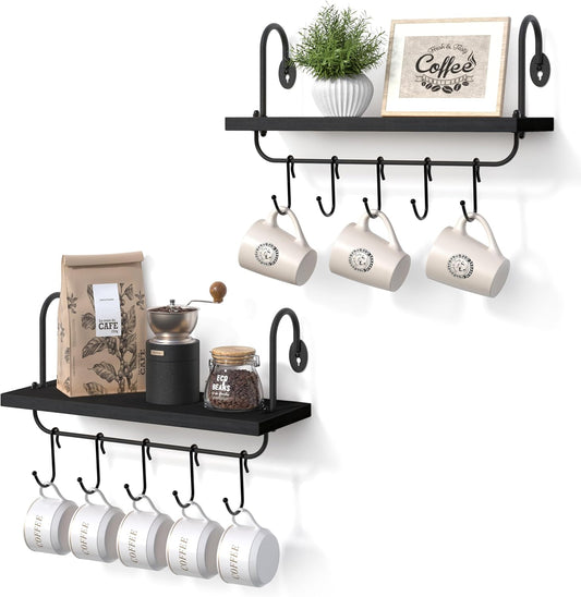 Olakee Floating Wall Shelves for Kitchen Bathroom Coffee Nook with 10 Adjustable Hooks for Mugs Cooking Utensils or Towel