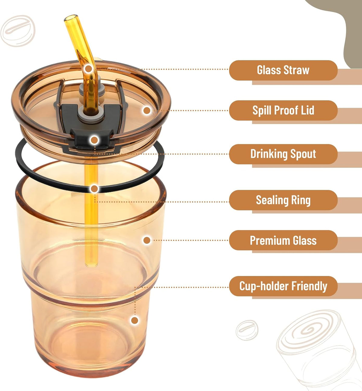 13 oz Glass Tumbler with Glass Straw and Lid