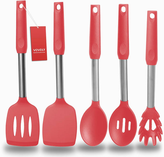 Silicone Spatula and Cooking Spoon,5 Pack Non-Stick Cooking Utensils for Kitchen，Heat Resistant Solid & Slotted Spoons and