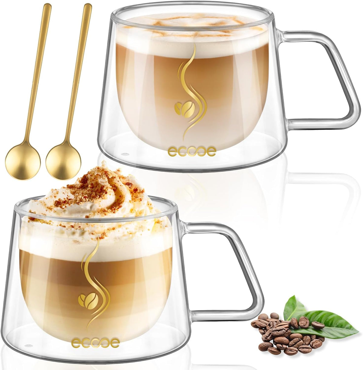 ecooe Double Walled Glass Coffee Mug 12oz Cappuccino Latte Macchiato Cups Set of 2 Clear Glass Coffee Cups with Handle, Double Wall Glass Cup for Tea Milk Juice Ice Cream, Birthday Gifts for Mum Dad