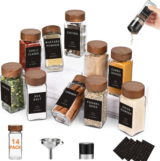 Yangbaga 14Pcs Glass Spice Jars with Labels-4oz Acacia Wood Lid Square Spice Containers with Pepper Grinder Lids