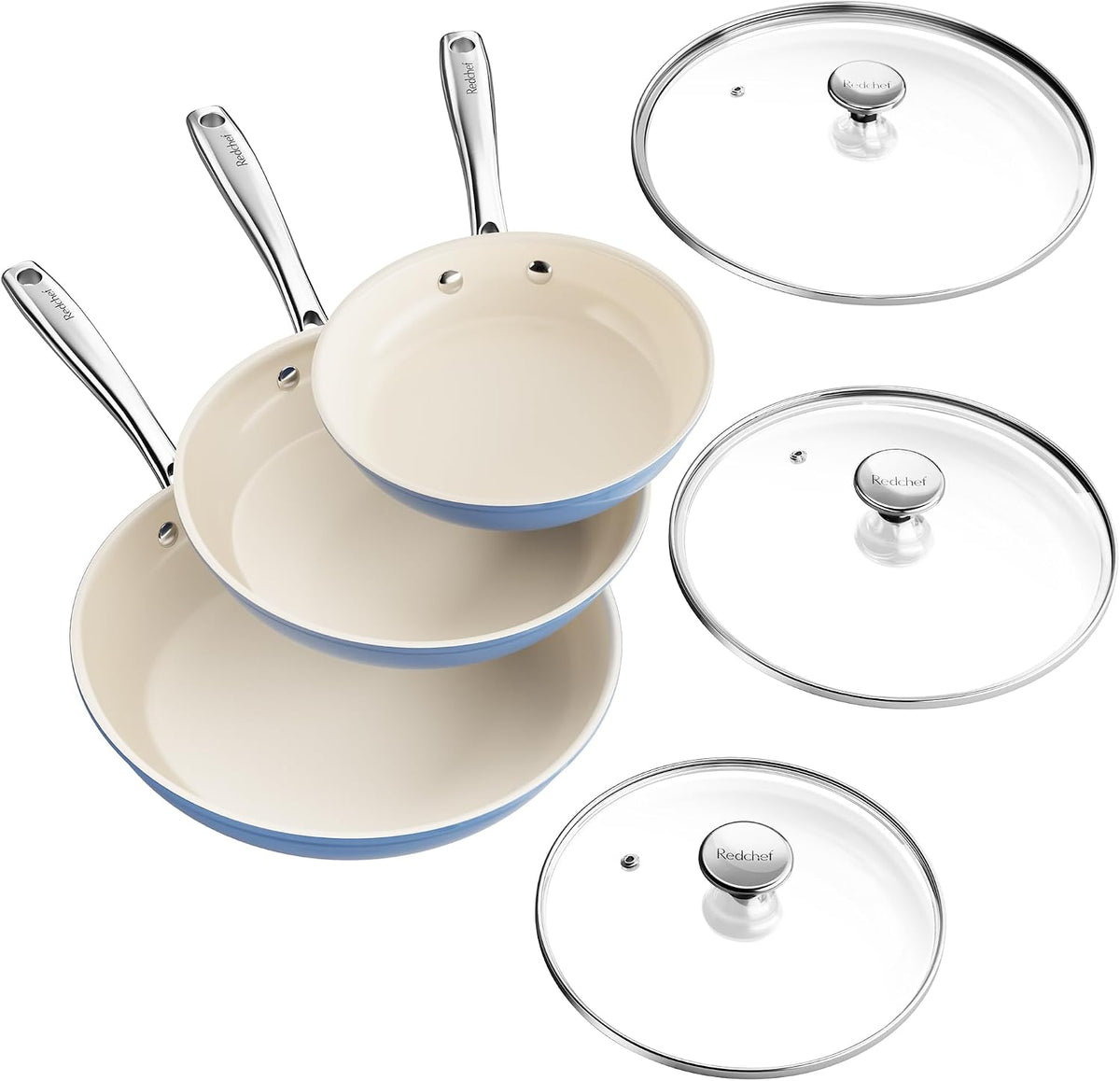Redchef Nonstick Cookware Sets, Ceramic Frying Pan Set with Tempered Glass Lids, Non Stick Cooking Set, Dishwasher & Oven Safe, Induction Safe, Compatible with All Cooktops, Blue (8", 9.5", 11")