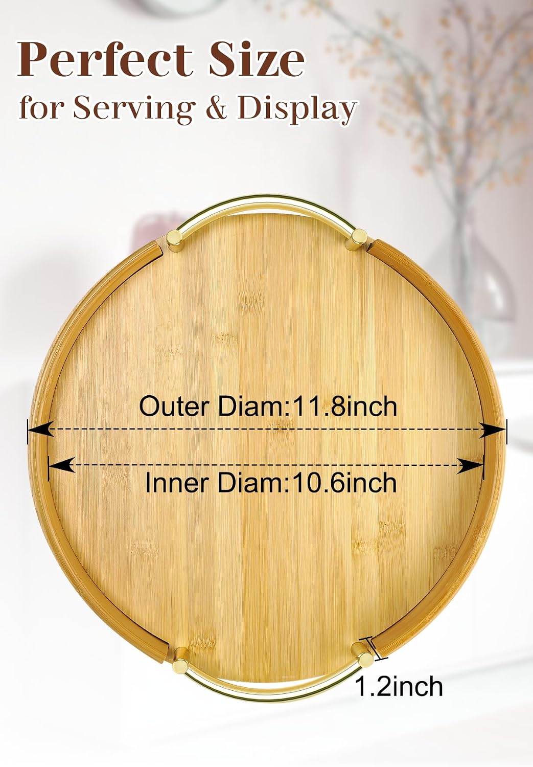 JUPELI 11.8″ Round Bamboo Serving Tray with Handles – Decorative Tray, Breakfast Tray, Coffee Table Tray, Ottoman Tray, Kitchen Platter for Drinks, Snacks, Vanity, Home Decor &amp; Gifts