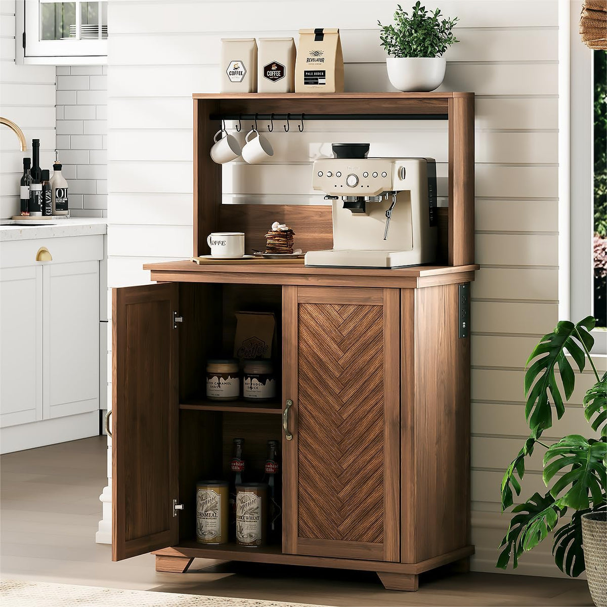 JOINICE Coffee Bar Cabinet with Storage and Charging Station,Walnut | Farmhouse,Herringbone Panel,31.5" Countertop Space,Holds 100lbs,Open Top Shelf+Adjustable Shelf,USB/AC,6-Hook,Easy Assembly