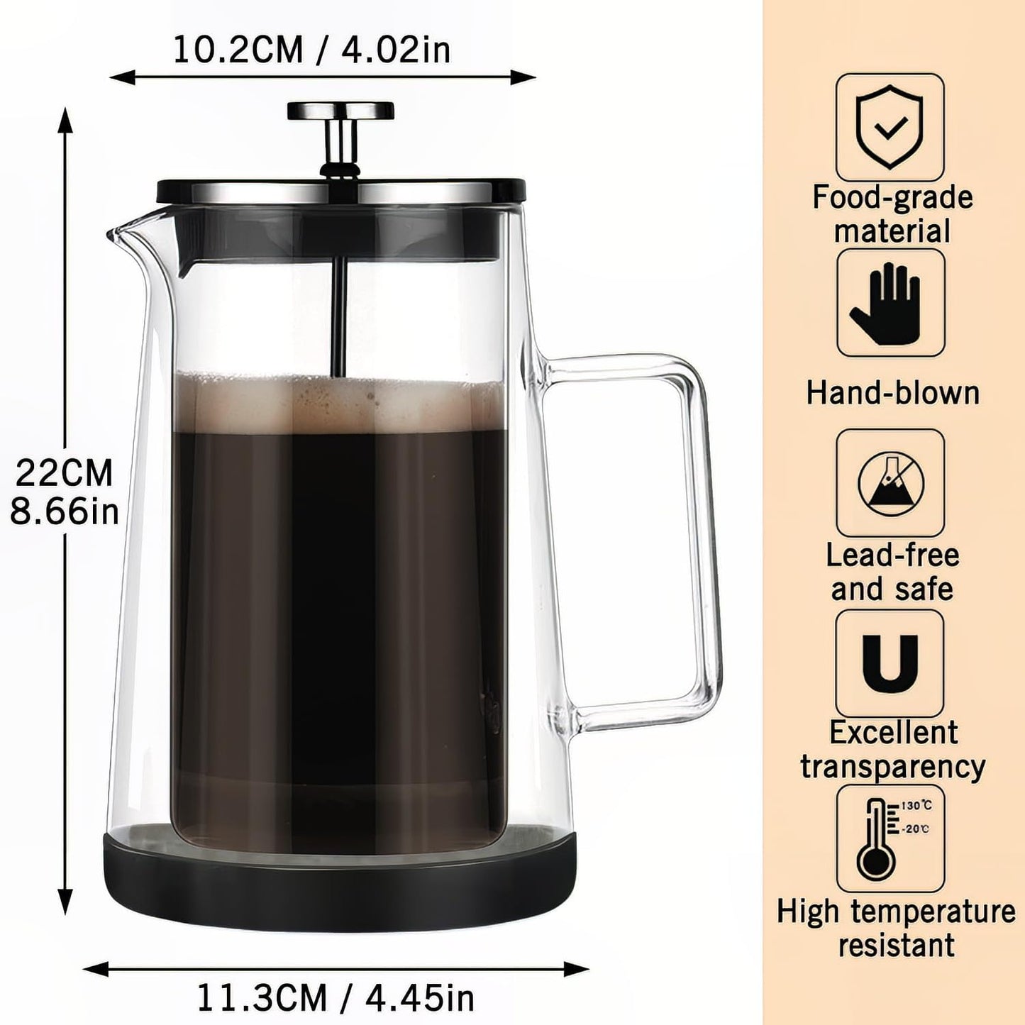 French Press Coffee Maker 34Oz - Double-Wall Insulated Borosilicate Glass - Ergonomic Handle - Coffee Gift - Tea &amp; Coffee Press