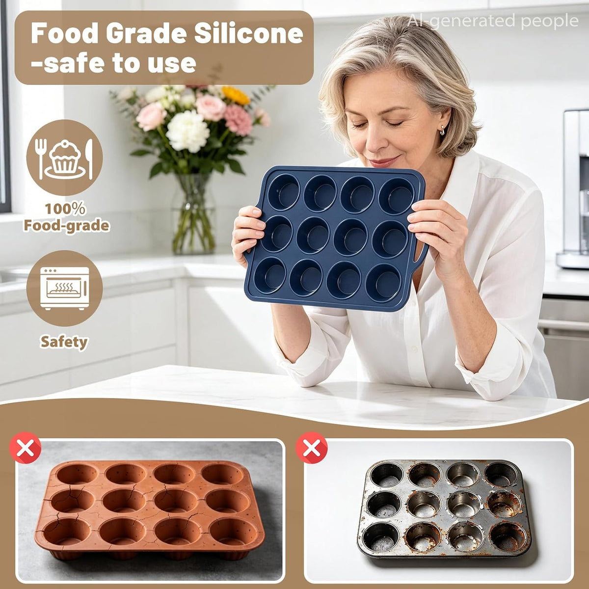 2 Pack Silicone Muffin Pan 12 &amp; 24 with Frame Non Stick Cupcake Baking Tin
