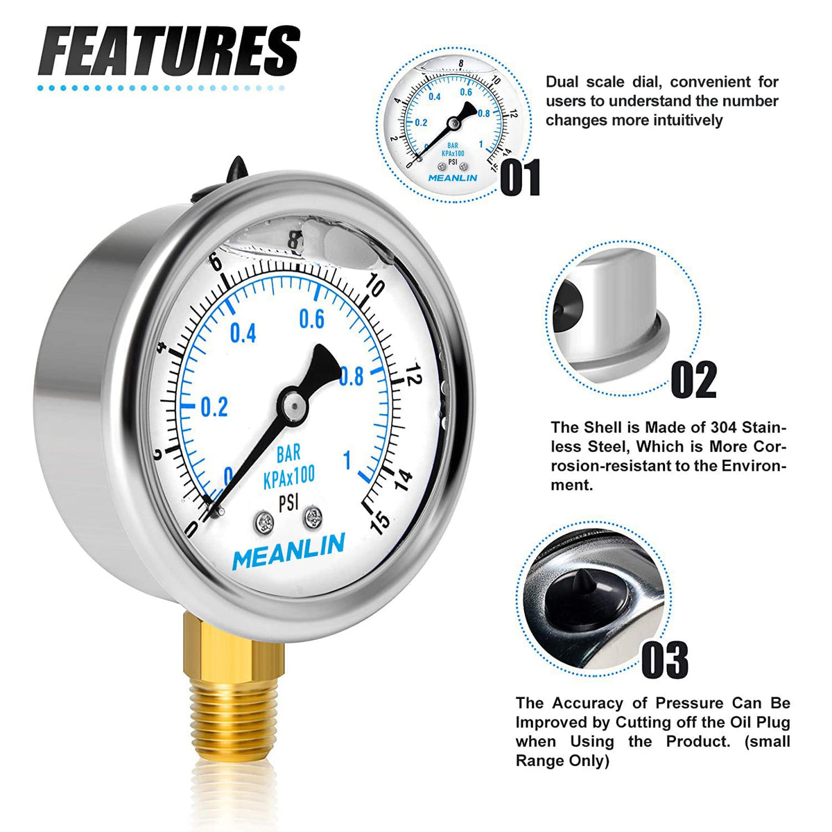 MEANLIN MEASURE 0~15Psi Stainless Steel 1/4" NPT 2.5" FACE DIAL Liquid Filled Pressure Gauge WOG Water Oil Lower Mount, with 1/2" NPT and 3/8" NPT Hex Bushing