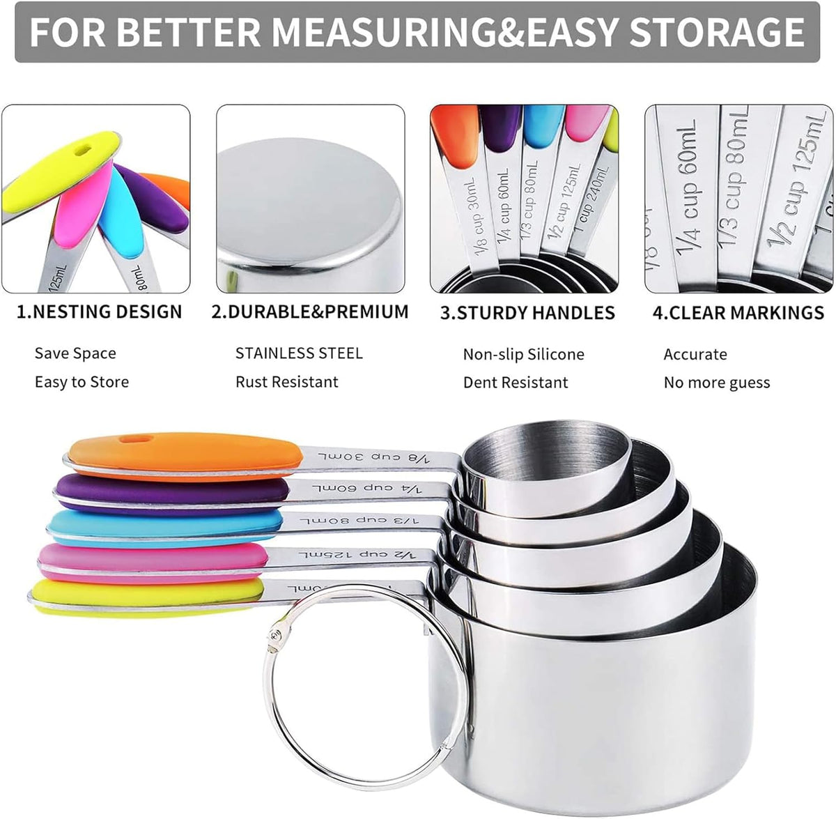 TILUCK measuring cups and magnetic measuring spoons set, stainless steel measuring cups, 6 double-sided stainless steel measuring spoons & 1 leveler (5+7)