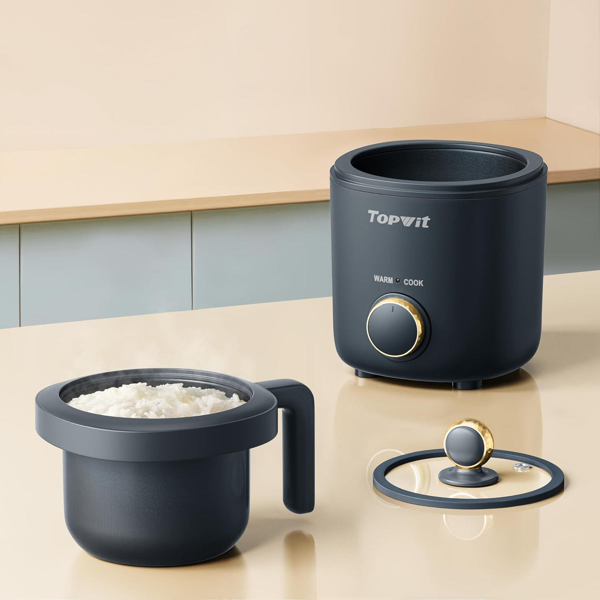 TOPWIT Rice Cooker Small, Mini Rice Cooker 2 Cups Uncooked, 1.2L Portable Rice Maker with Non-stick Coating, BPA Free, One Touch & Keep Warm Function, Grey
