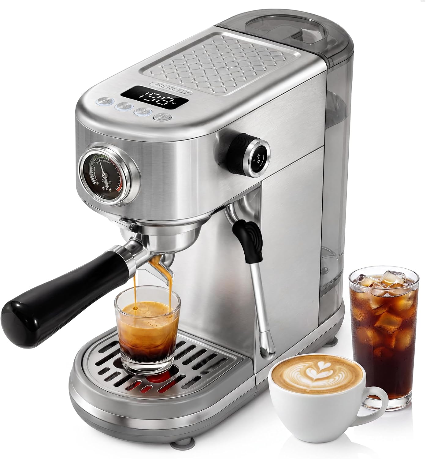 HIBREW H10B Programmable Espresso Machine with LED Display &amp; Pressure Gauge | 20 Bar Compact Stainless Steel Coffee Maker with Milk Frother, 51mm Portafilter for Cappuccino Latte