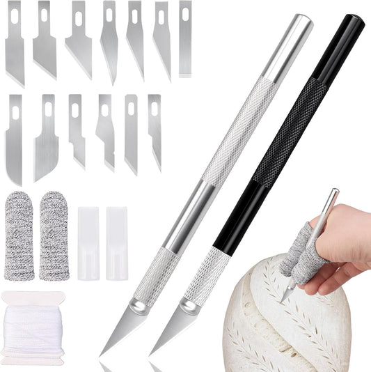 20Pcs Bread Lame Scribing Tool Kit - 2 Precision Scribes with 15 Blades, Finger Guard, Design Cord, Safety Cover and Storage