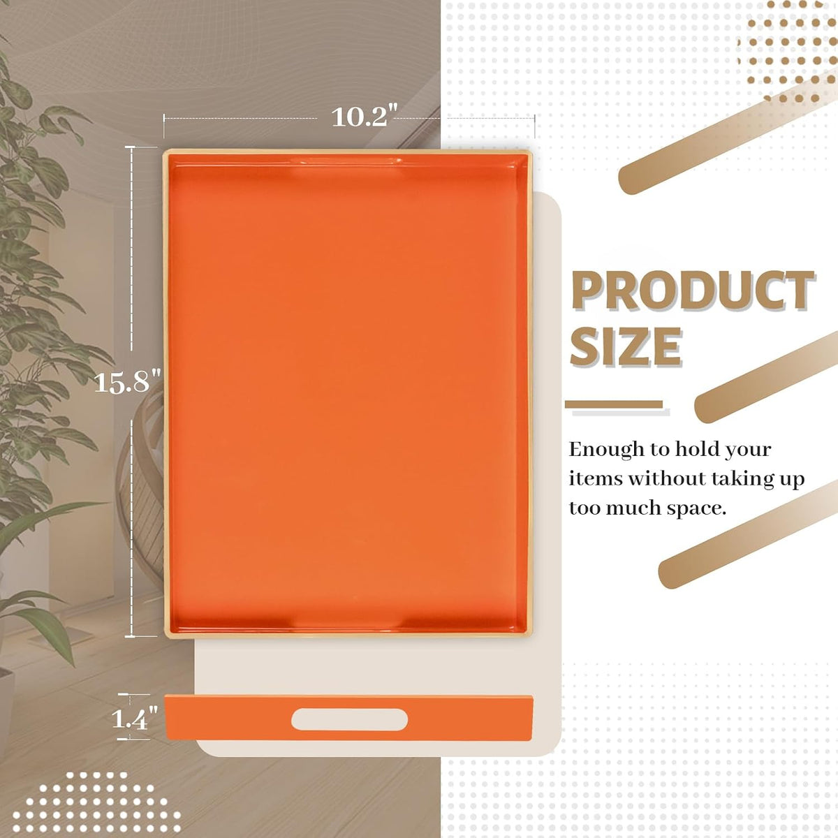 MAONAME Orange Decorative Tray for Coffee Table, Serving Tray with Handles | Plastic Melamine Tray, Modern Ottoman Tray, Rectangular Countertop Organizer Tray for Living Room, 15.8"L x 10.2"W x 1.4"H