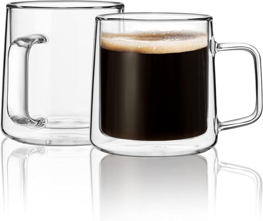 CNGLASS 10oz Glass Coffee Mugs,Double Wall Insulated Glass Mugs with Handle,Clear Espresso Mug for Latte,Cappuccino,Tea