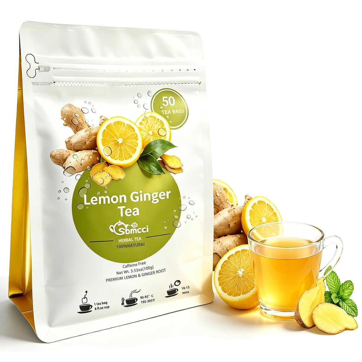 Samcci Lemon Ginger Tea Bags, 50 Counts, Non-GMO, Caffeine-Free | te de Jengibrey Limon, Pleasantly Spicy &amp; Warming, Support Digestion &amp; Boost Immunity, No Additives, Resealable Pouch