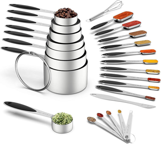 Measuring Cups and Measuring Spoons Set, Wildone Stainless Steel 8 Measuring Cups, 10 Measuring Spoons, 1 Leveler 1 Whisk &