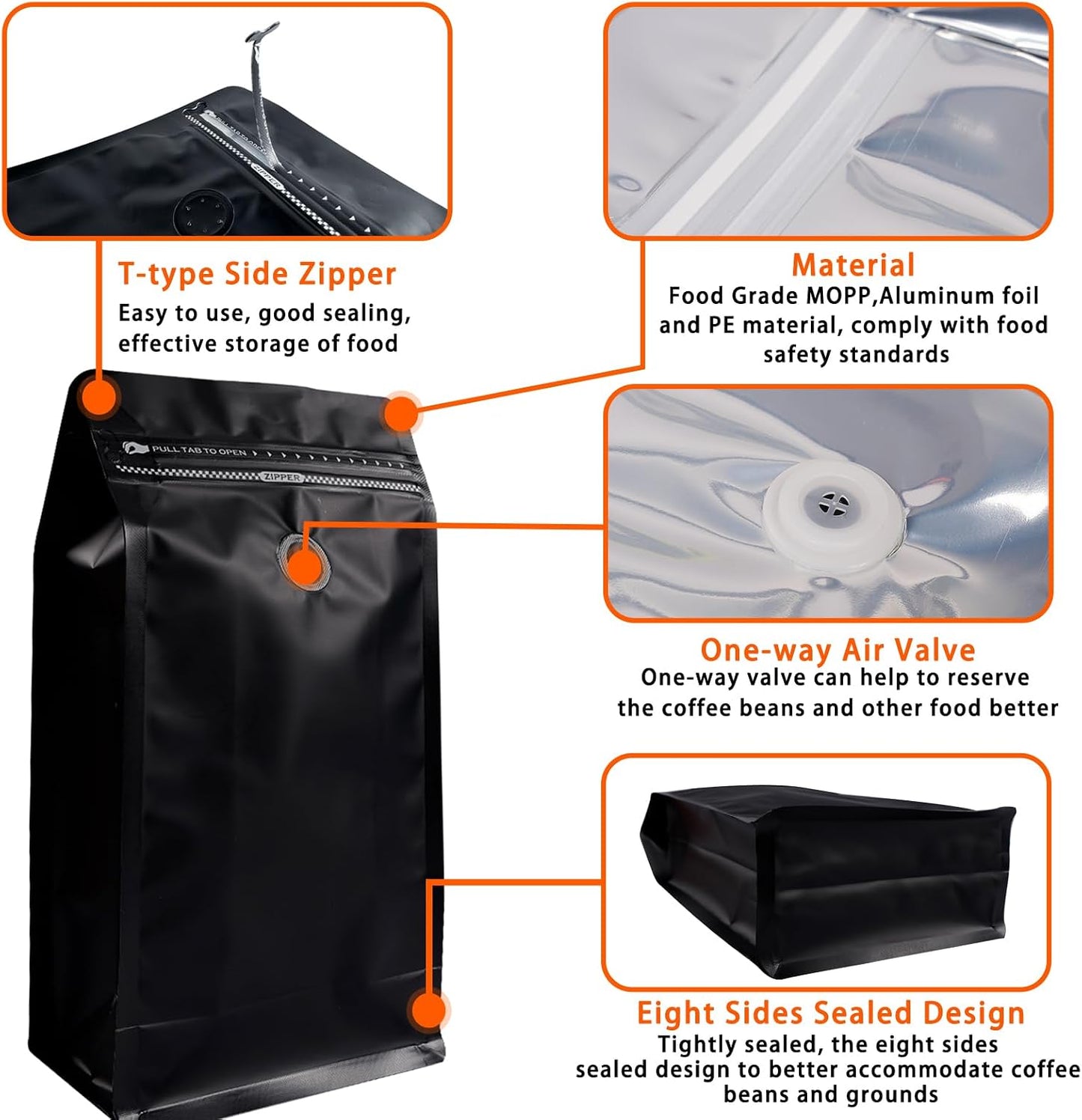 Coffee Bags with Valve (50 PCS,8oz/0.5lb) Black High Barrier Aluminum Foil Flat Bottom Standing Coffee Beans Storage Packaging Bags, Reusable Heat Seal Side Zipper Pouches for Small Business and Home