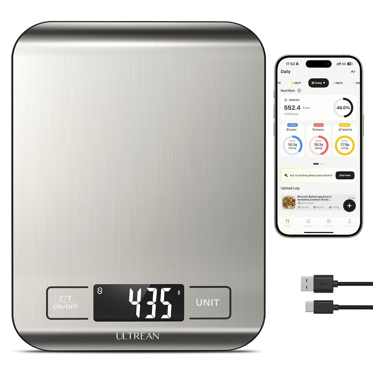 Ultrean Smart Food Kitchen Scale with Nutritional Calculator, App for Macro &amp; Calorie Tracking, AI Scan, Digital Grams and Ounces for Weight Loss, Rechargeable, Stainless Steel, 33lb /15kg