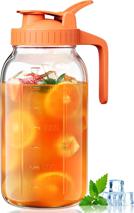Glass Pitcher with Airtight Lid and Spout, 64oz Glass Mason Jar | Wide Mouth | Leakproof | Water Jug for Juice, Sun Iced