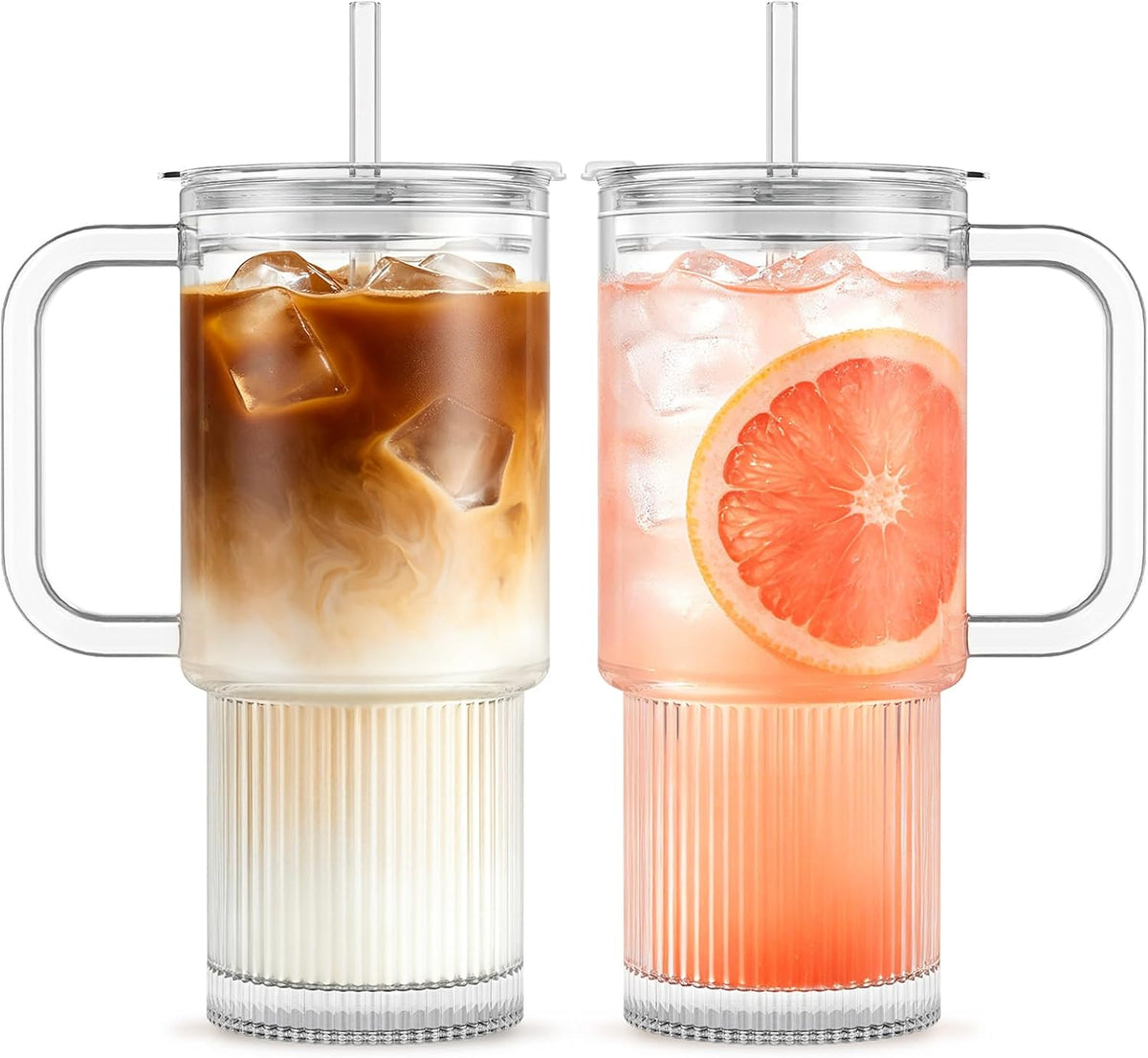 INSETLAN 24oz Glass Tumbler with Handle &amp; Lid – 2-Pack Large Iced Coffee Cups with Straws, Modern Glass Mug for Cold &amp; Hot Beverages, Aesthetic Glass Cups for Smoothies, Tea, and Juice