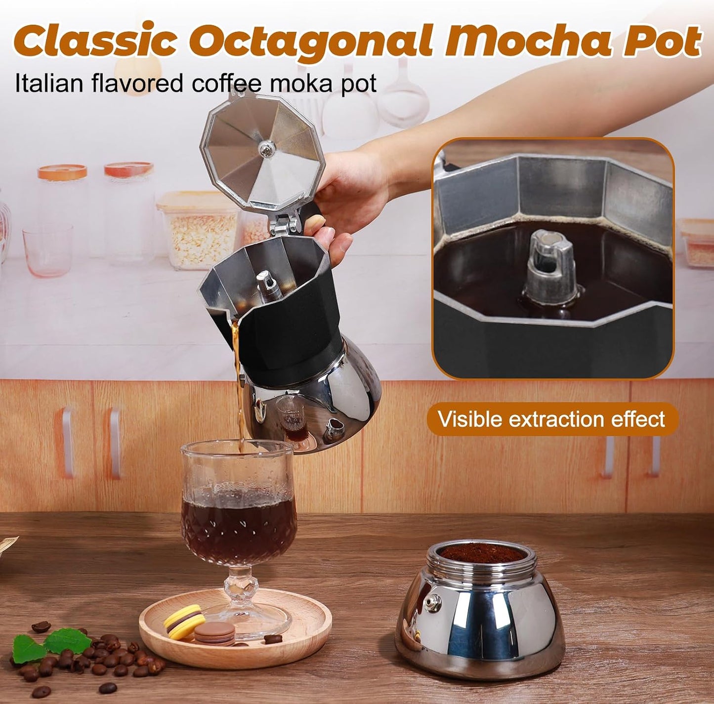 No Coating 6 Cup Aluminum and Stainless Steel Moka Pot Stovetop | Espresso Maker Italian Coffee Machine 350ml 11.84oz Suitable for Gas Induction Stovetop Greca Coffee Maker Black