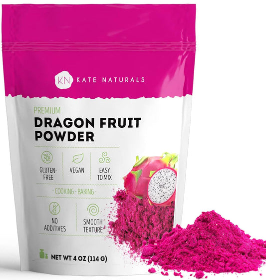 Kate Naturals Dragon Fruit Powder for Baking & Drinks (4oz). Vegan, Gluten Free Dried Pink Pitaya Powder for Dragonfruit