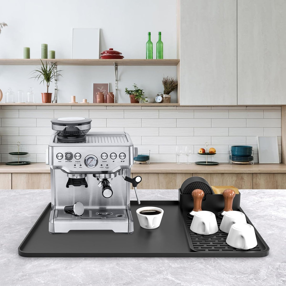 Silicone Coffee Mat with 6 Coasters,24"x16" Counter Bar Mat Fits Under Coffee Maker/Pot &amp; Espresso Machine, Bar Aceessories,Detachable Drying Pad for Tamper,Sugar Packets,Cups &amp; Countertop Protection