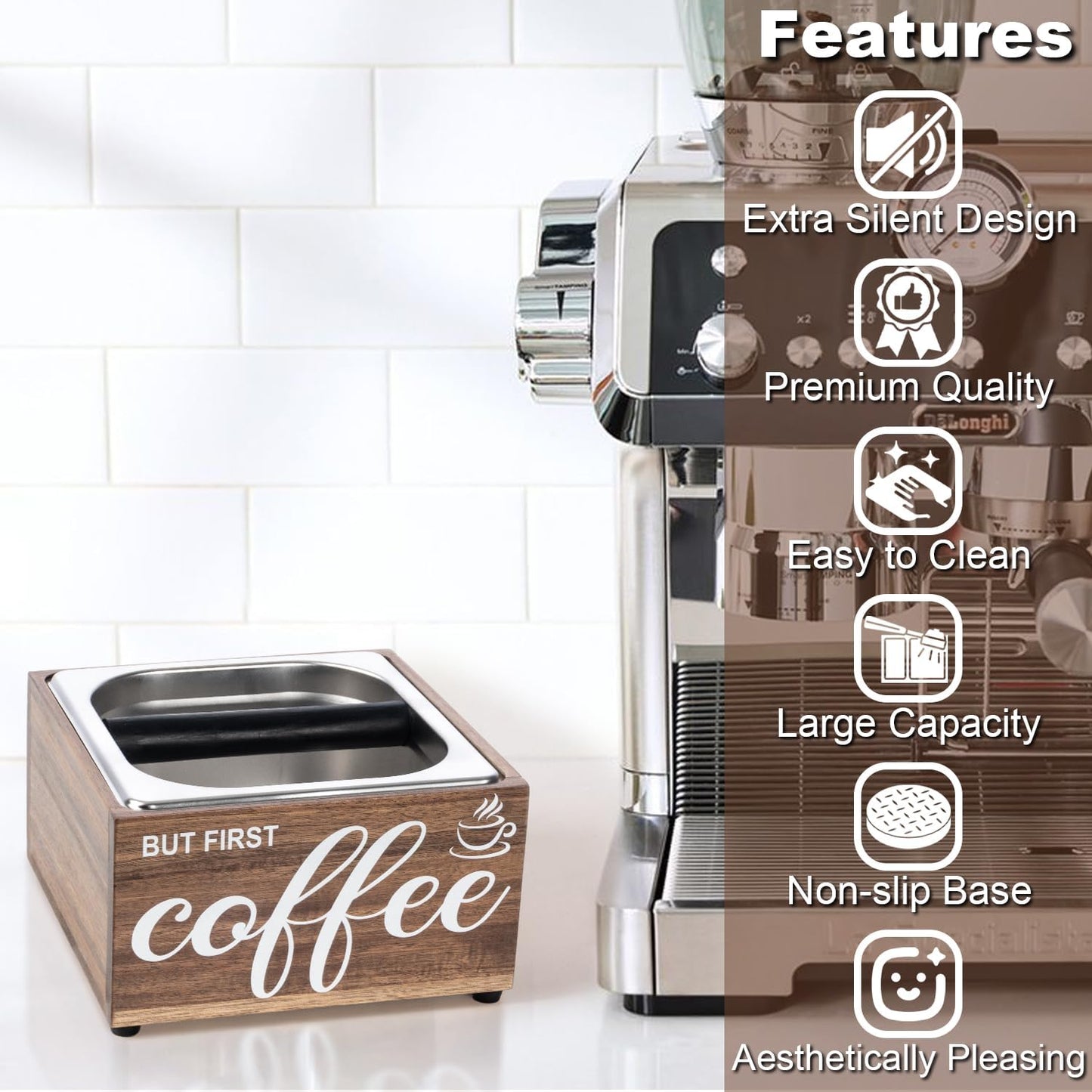 Knock Box for Espresso Coffee Grounds Espresso Knock Box Tamp Station, Quiet Design Large Capacity Non-Slip Base Coffee Puck Dump Bucket Barista Tools Machine Accessories Stainless Steel