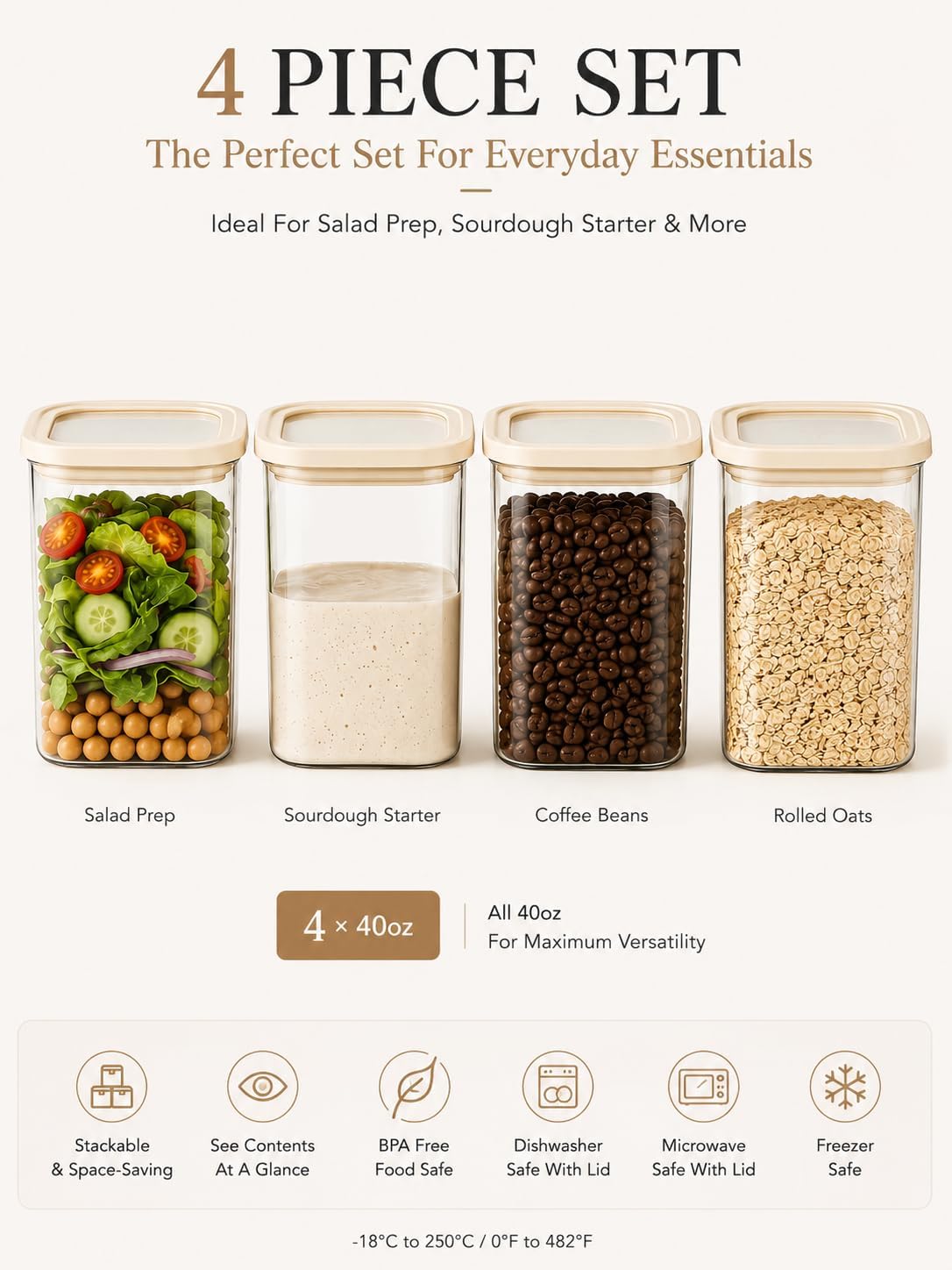 4pcs 40oz Square Pantry Glass Jars with Clear Airtight Lids Kitchen Canisters Sets for Flour, Sugar Refrigerator Safe, Patent Approved