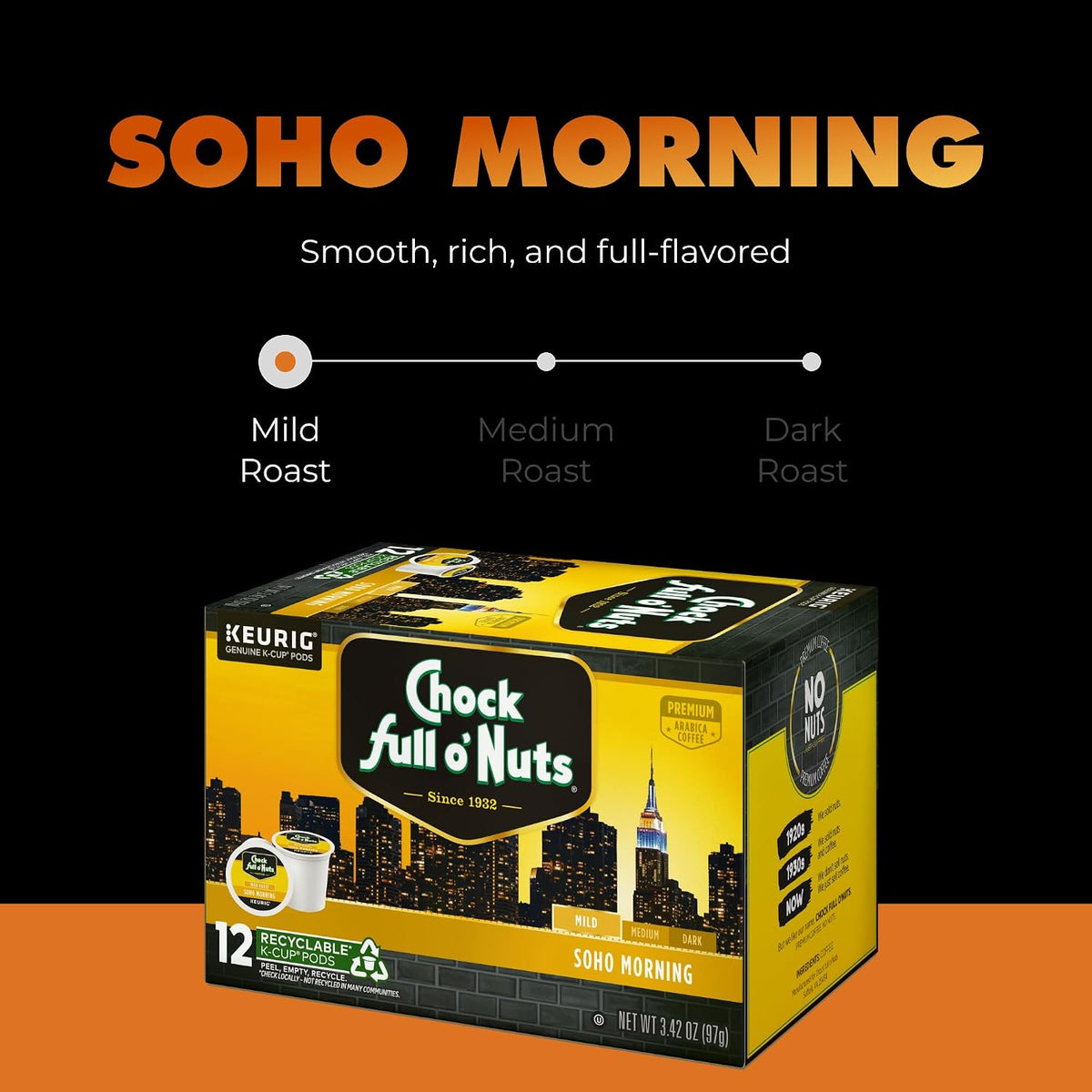 Chock Full o' Nuts K-Cup Pods - Variety Pack, 4 Packs of 12 K-Cup Pods | Mild, Medium &amp; Dark Roast, For Keurig Brewers, Single Serve, Premium Arabica Coffee Beans, Rich, Smooth, Well-Balanced Flavor