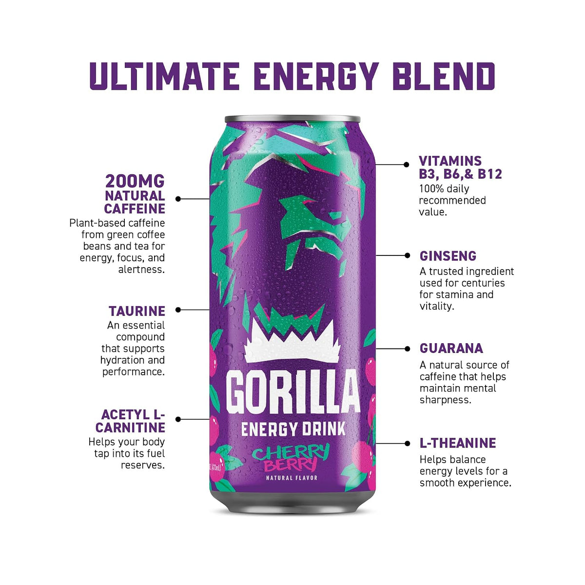 Gorilla Energy Drink, Cherry Berry, 200mg Natural Caffeine, Real Fruit Juice Squeezed &amp; Concentrated, L-Theanine, Taurine, Ginseng, Acetyl L-Carnitine, No Added Sugar and No Artificial Colors, 12 Pack
