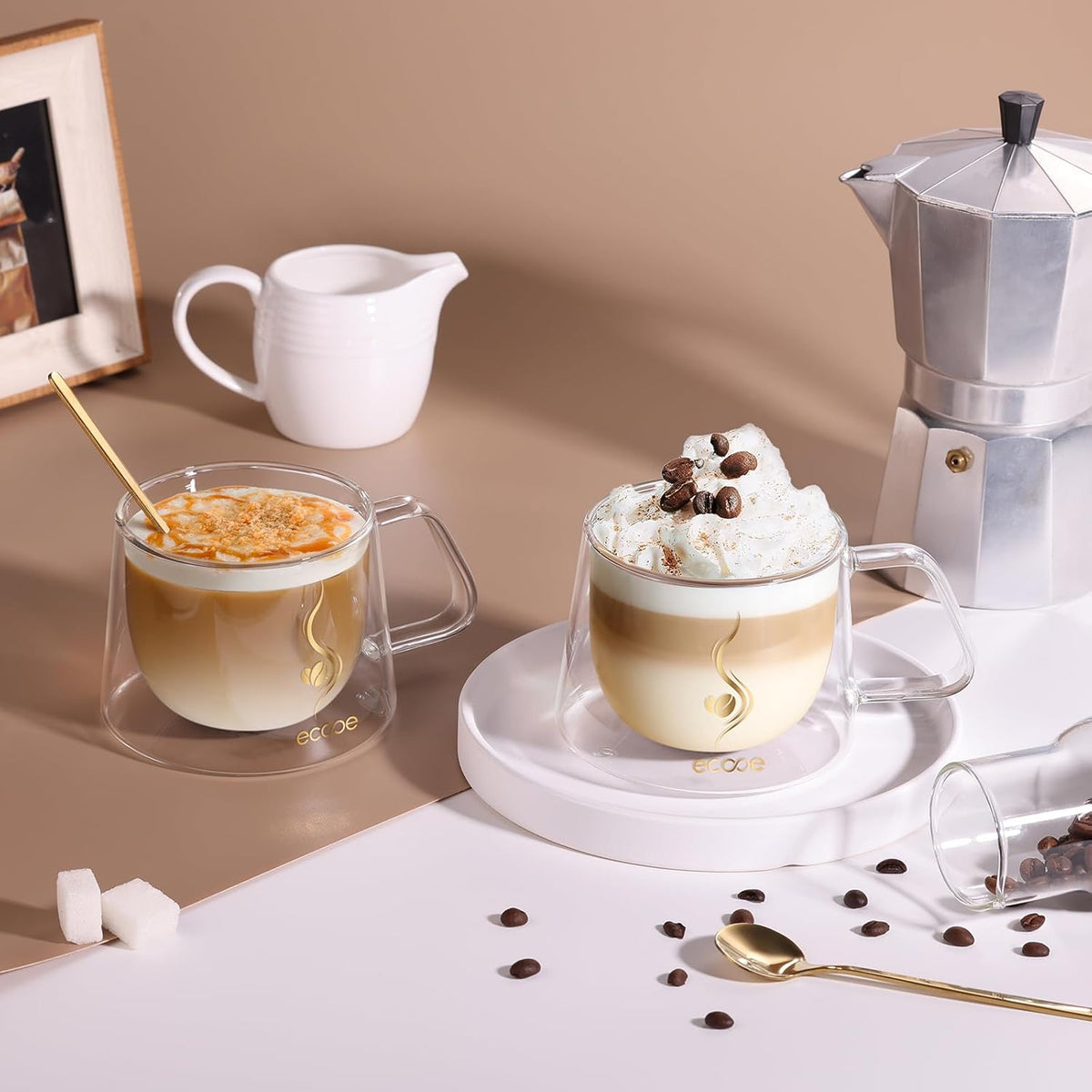 ecooe Double Walled Glass Coffee Mug 12oz Cappuccino Latte Macchiato Cups Set of 2 Clear Glass Coffee Cups with Handle, Double Wall Glass Cup for Tea Milk Juice Ice Cream, Birthday Gifts for Mum Dad