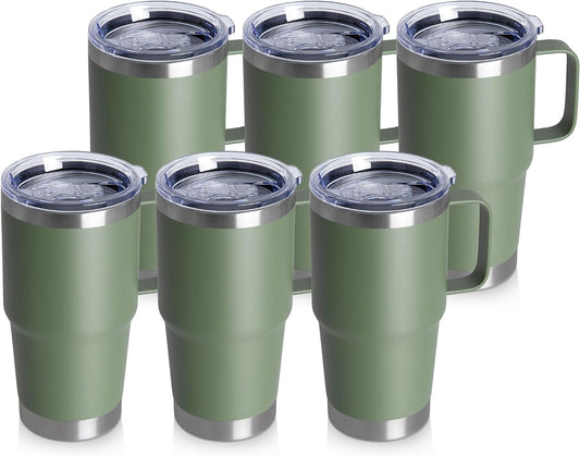 20oz Tumbler Bulk with Lid, Stainless Steel Tumbler Bulk with Handle, Metal Insulated Travel Coffee Mug Set with Handle, Double Wall Vacuum Leak Proof Tumbler Cup, Amy Green 6 Pack