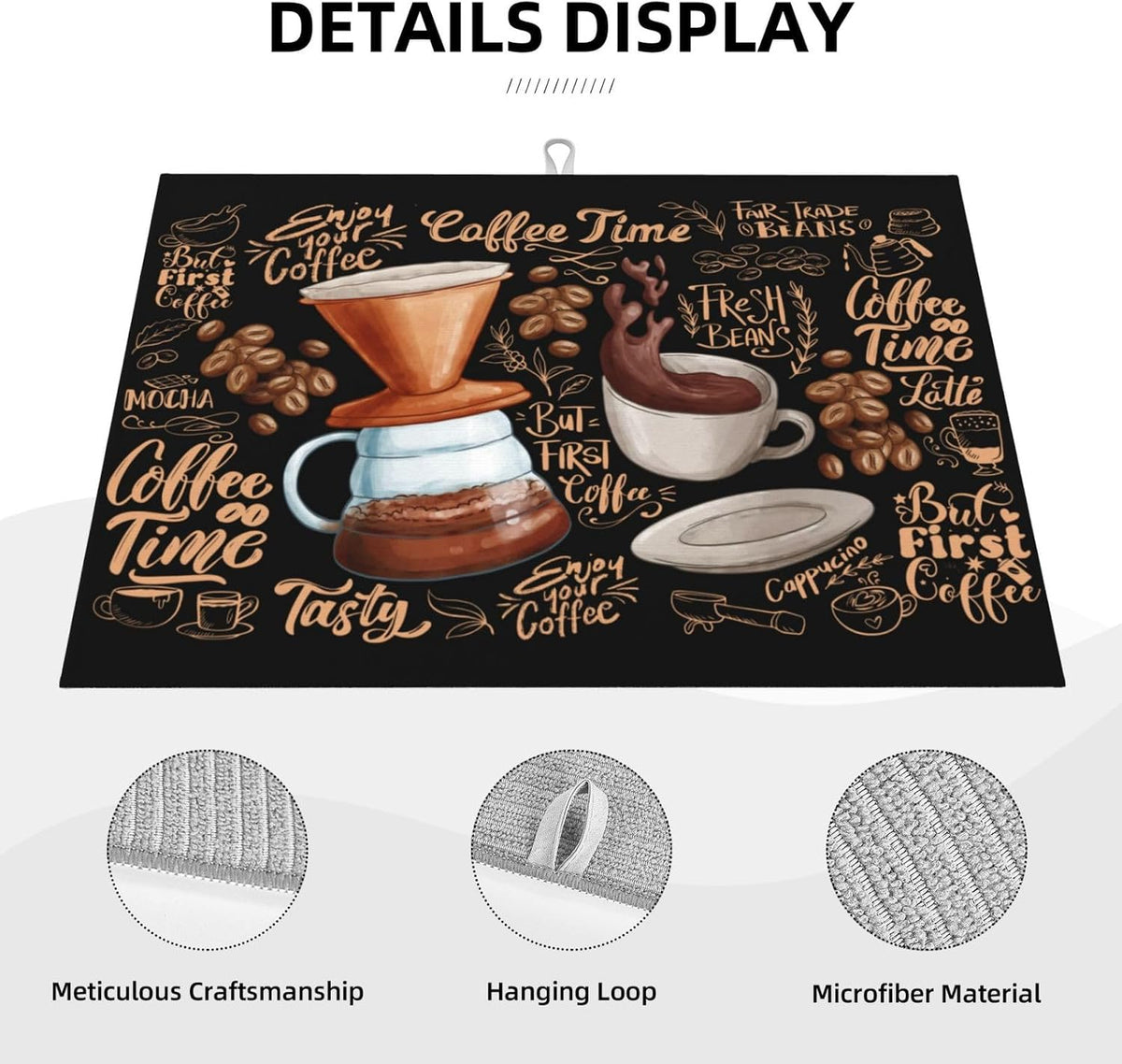 Fun Coffee Dish Drying Mat, Kitchen Counter Pad, 18*24" | CVFGHJOKC Dish Drying Mat, Highly Absorbent Microfiber Kitchen Counter Pad Reusable Washable, 18*24"