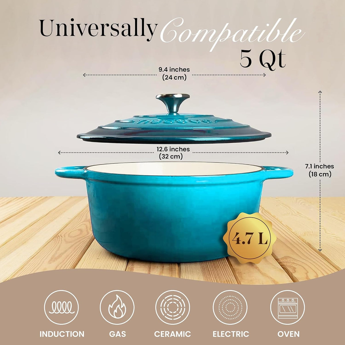 Cast Iron Pot with Lid – Non-Stick Ovenproof Enamelled Casserole Pot, Oven Safe up to 500° F – Sturdy Dutch Oven Cookware – Blue, 5-Quart, 24cm – by Nuovva