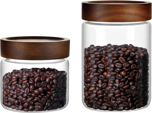 Set of 2 Glass Food Storage Jars, Premium Clear Glass Container Jar with Airtight Wooden Screw Lid, Kitchen Canisters for