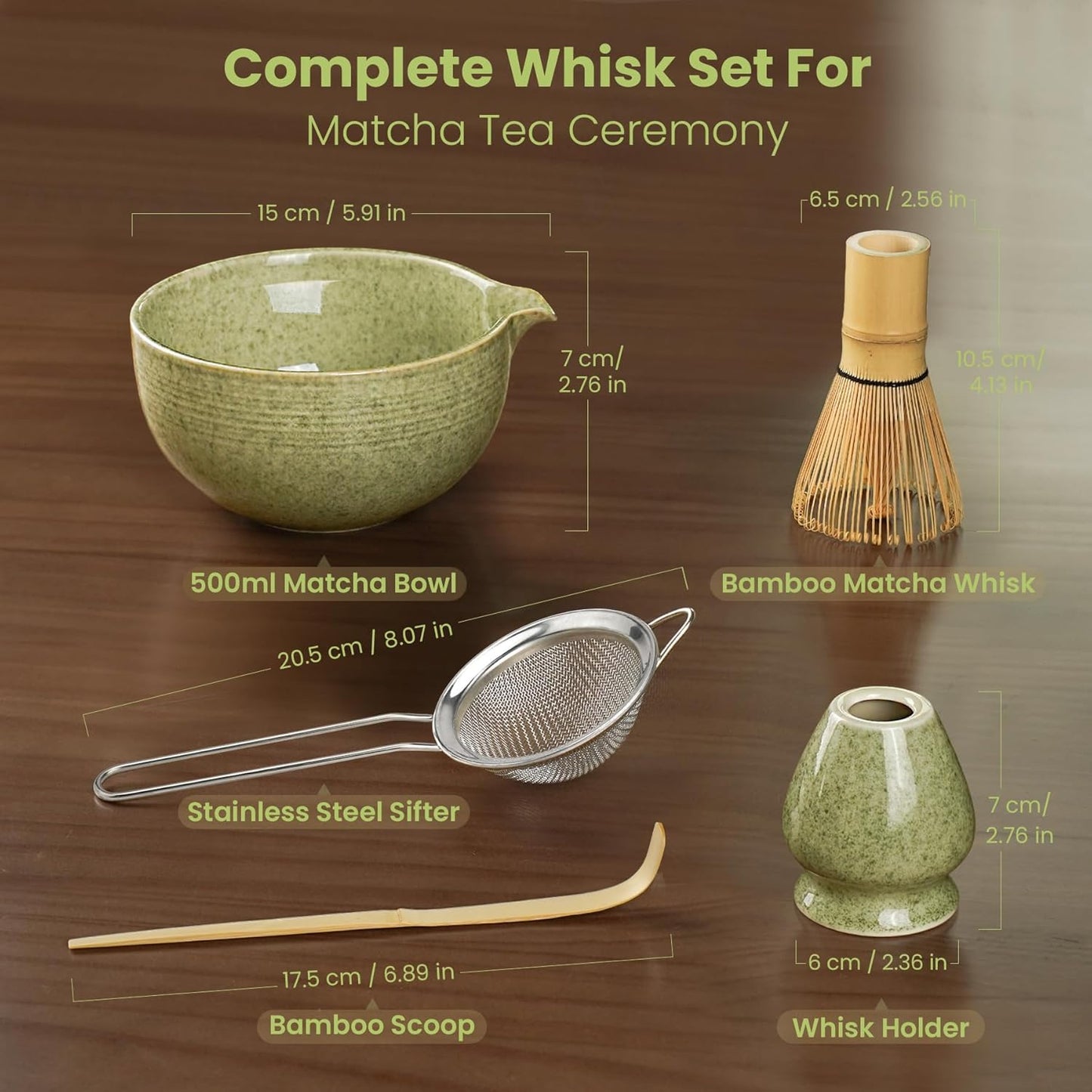 Matcha Whisk Set, Ceramic Bowl Matcha Kit &amp; Handcrafted Bamboo Chasen | Complete 5 Pcs Matcha Set Whisk and Bowl, Stainless Steel Sifter, Bamboo Scoop &amp; Holder for Matcha Lovers(Mottled Green)