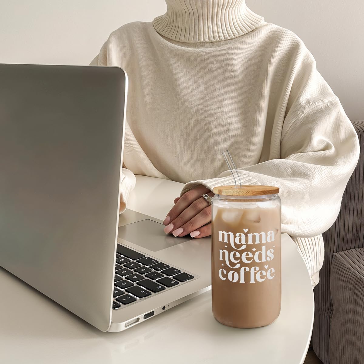 Mom Glass Can, Mama Needs Coffee Cup with Lid &amp; Straw, Iced Coffee Aesthetic Cups, Idea Gifts for Christmas Birthday Mother Day, Gifts for Women, 16oz