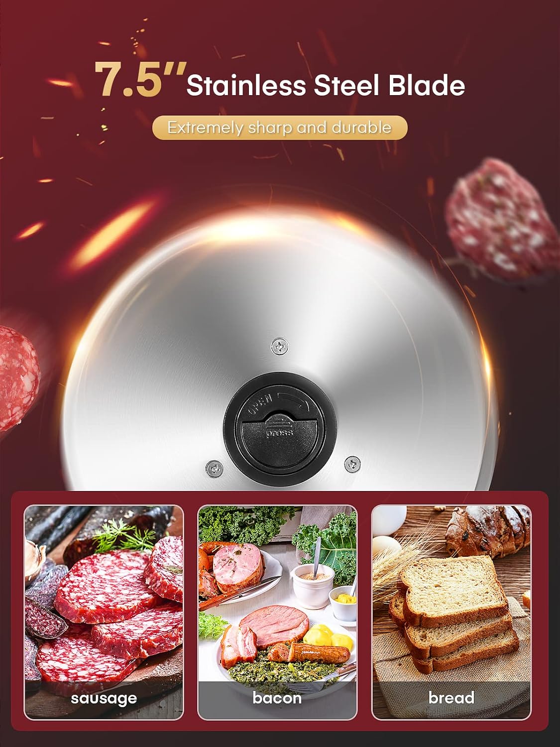 FOHERE 200W Meat Slicer 7.5" Serrated+Smooth Blades &amp; Adjustable Thickness