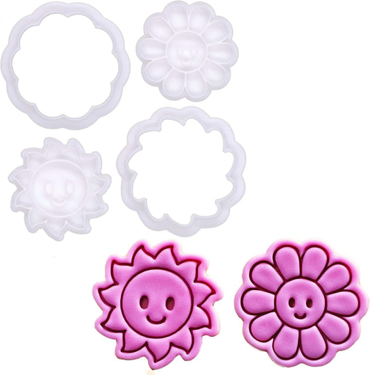 BAKERLOGY Happy Days - Mini 2" Cookie Cutter & Stamp Set - Happy Daisy & Happy Sun Design for Easter, Summer & Spring