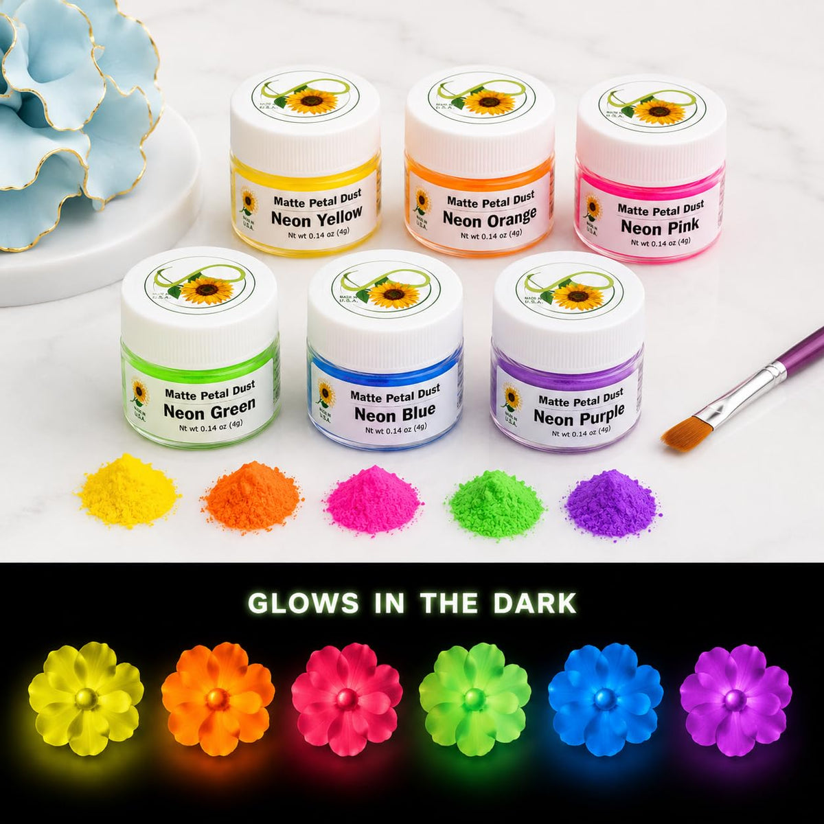 Sunflower Sugar Art Neon Green Glow In The Dark Petal Dust Food Color - Deep, Rich Green Matte Powder Cake Accessories for Cake Decoration - 4 Grams Non-Toxic Baking