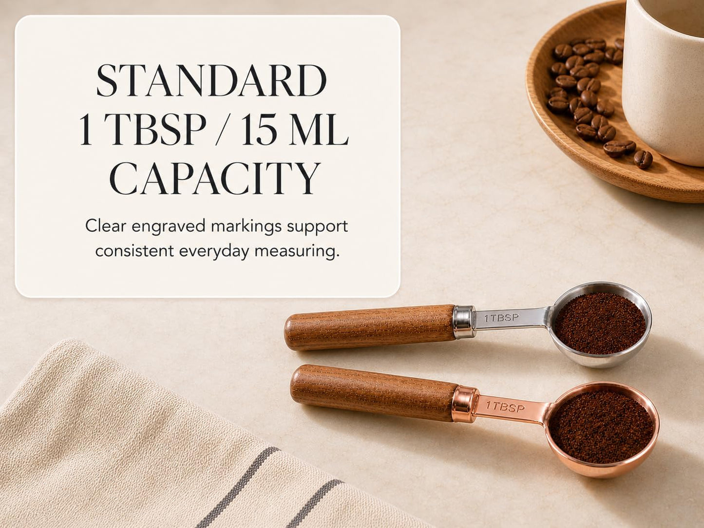 KKC HOME ACCENTS 1 Tbsp Measuring Spoon Silver Long Wooden Handle 15ml