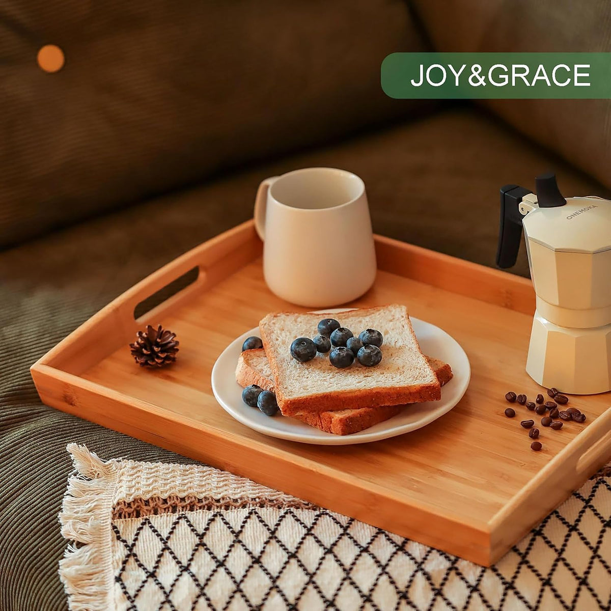 Joy&amp;Grace Bamboo Serving Tray with Handles 16.8 x 12.5 inch | Dinner Food Tray for Bed Breakfast Eating, Serving Tray for Coffee Table Ottoman TV, Decorative Wood Charcuterie Platter