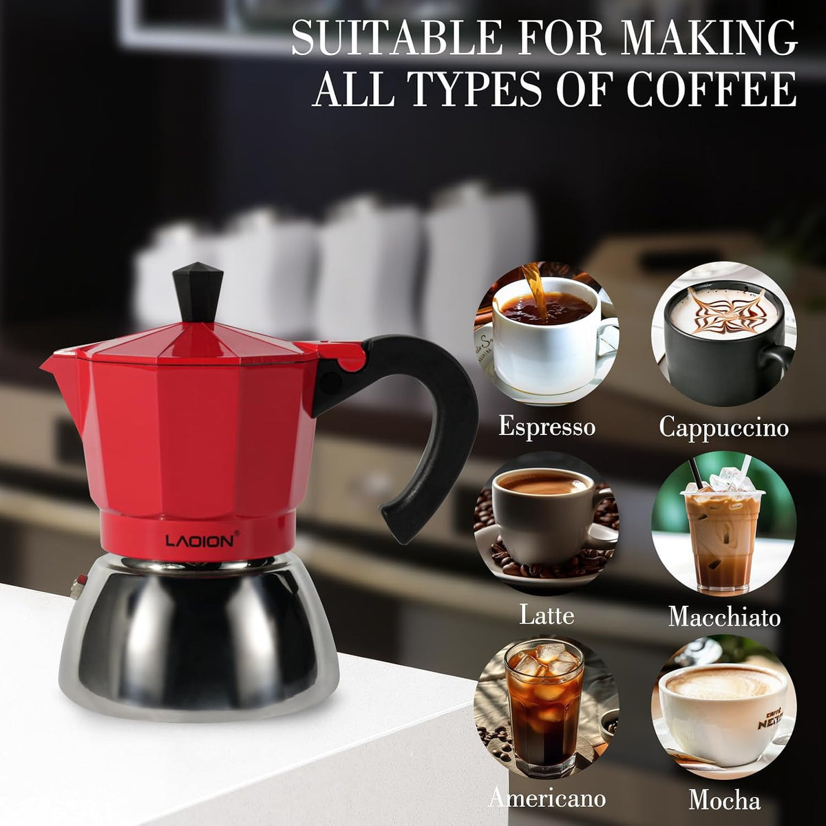 LAOION Stovetop Espresso Maker, 3Cup Moka Pot, Espresso Machine | Compatible with Induction Cooktops, 150ml Stainless Steel &amp; Aluminum Cuban Coffee Maker for Cafetera Cubana, Red